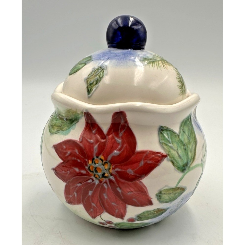 Vintage Poinsetta Christmas Jar Small Ceramic Glossy
